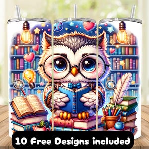 Book Lover Tumbler Wrap for Owl Enthusiast, Bookworm 20oz Skinny Tumbler Sublimation Design, Owl Tumbler Wrap PNG, Reader Tumbler Design