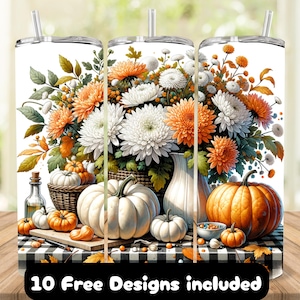 Fall Harvest 20oz Skinny Tumbler Sublimation Design, Tumbler Wrap for Autumn Lovers, Pumpkin Floral Tumbler Wrap PNG, Fall Decor Tumbler
