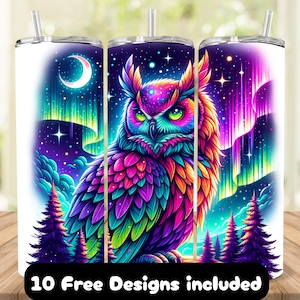 Owl 20oz Skinny Tumbler Sublimation Design, Tumbler Wrap for Nature Enthusiasts, Aurora Owl Tumbler Wrap PNG, Night Sky Tumbler Design