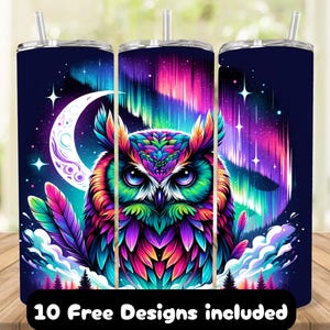 Owl Tumbler Wrap for Night Sky Lovers, Owl 20oz Skinny Tumbler Sublimation Design, Owl Tumbler Wrap PNG, Aurora Borealis Tumbler Design