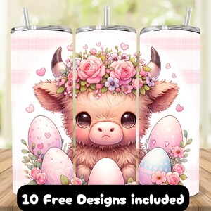 Highland Cow Tumbler Wrap, Spring Highland Cow, Easter Tumbler, Flower Cow Tumbler PNG, Spring Tumbler, Highland Cow Bunny, 20oz Skinny