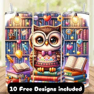 Owl Tumbler Wrap for Book Lovers, Cute Owl 20oz Skinny Tumbler Sublimation Design, Bookworm Tumbler Wrap PNG, Owl Reading Tumbler Design