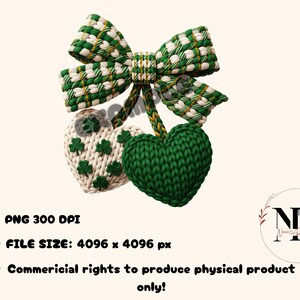 May include: A St. Patrick's Day themed design featuring a green and white bow, two heart-shaped ornaments, and shamrocks. The ornaments are knit with a textured appearance. The image also includes text about the file size and commercial rights.