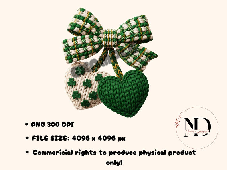 May include: A St. Patrick's Day themed design featuring a green and white bow, two heart-shaped ornaments, and shamrocks. The ornaments are knit with a textured appearance. The image also includes text about the file size and commercial rights.