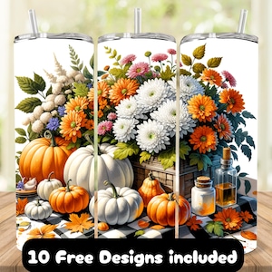 Fall Harvest 20oz Skinny Tumbler Sublimation Design, Tumbler Wrap for Autumn Lovers, Pumpkin Floral Tumbler Wrap PNG, Fall Decor Tumbler