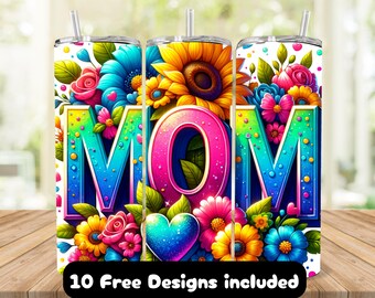 May include: Three stainless steel tumblers with floral designs and the word "MOM" in large, colorful letters. The tumblers feature a variety of flowers, including sunflowers, roses, and daisies, with a heart-shaped accent. Each tumbler has a straw.