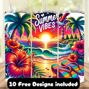 Summer Vibes Tumbler Wrap for Beach Lovers, Tropical 20oz Skinny Tumbler Sublimation Design, Summer Tumbler Wrap PNG, Beach Theme Design