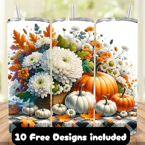 Fall Harvest 20oz Skinny Tumbler Sublimation Design, Tumbler Wrap for Autumn Lovers, Pumpkin Floral Tumbler Wrap PNG, Fall Decor Tumbler