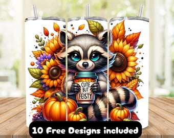 Raccoon Tumbler Wrap PNG: Feisty Fall Animal Sublimation (Digital Download
