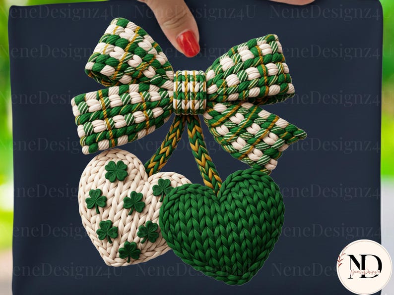May include: A St. Patrick's Day themed design featuring a green and white woven bow, with two heart-shaped ornaments. One heart is green, the other is white with green shamrocks. The design is on a navy blue background.