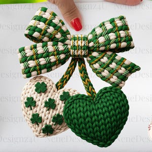 May include: A St. Patrick's Day themed decoration featuring a large bow with green and white plaid pattern, and two heart-shaped ornaments. One heart is green, the other is off-white with green shamrocks.