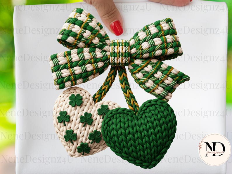 May include: A St. Patrick's Day themed decoration featuring a large bow with green and white plaid pattern, and two heart-shaped ornaments. One heart is green, the other is off-white with green shamrocks.