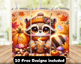 Raccoon Fall Tumbler Sublimation Design: Autumn Vibes PNG (Digital Download)