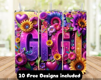 May include: Three stainless steel tumblers with floral designs and the name "GIGI" in large, sparkling letters. The tumblers feature a vibrant mix of purple, pink, and yellow flowers, with a gold background. The bottom of the image has the text "10 Free Designs included".