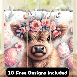 Highland Cow Tumbler Wrap, Spring Highland Cow, Easter Tumbler, Cute Cow Tumbler PNG, Spring Tumbler, Highland Cow Bunny, 20oz Skinny