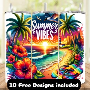 Summer Vibes Tumbler Wrap for Beach Lovers, Tropical 20oz Skinny Tumbler Sublimation Design, Summer Tumbler Wrap PNG, Beach Theme Design