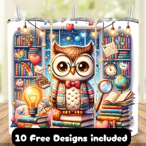 Owl and Book Lover 20oz Skinny Tumbler Sublimation Design, Tumbler Wrap for Readers, Owl Lover Tumbler Wrap PNG, Bookworm Tumbler Design
