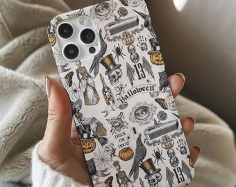 May include: A white iPhone case with a repeating Halloween-themed pattern. The design includes skulls, crows, pumpkins, and the text "Halloween" and "Trick or Treat". The case has a glossy finish.