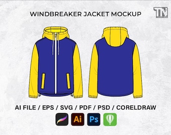 ウィンドブレーカー ジャケット モックアップ：ストリートウェア フラット テンプレート（デジタル ダウンロード）