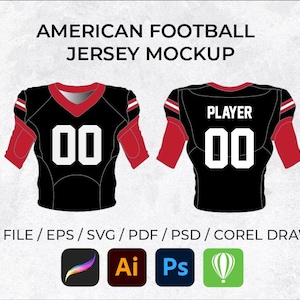 Könnte beinhalten: Ein schwarzes und rotes American-Football-Trikot-Mockup mit der Nummer "00" und dem Wort "PLAYER" auf der Rückseite. Das Trikot ist in den Formaten AI, EPS, SVG, PDF, PSD und Corel Draw verfügbar.