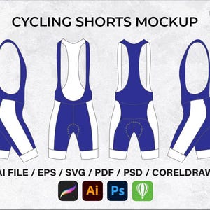 Puede incluir: Imagen de maqueta de culottes de ciclismo en azul y blanco, mostrados desde múltiples ángulos. El texto "CYCLING SHORTS MOCKUP" está en la parte superior. Debajo, se muestra el texto "AI FILE / EPS / SVG / PDF / PSD / CORELDRAW".
