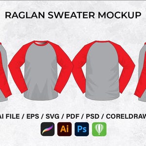 Mens Raglan Long Sleeve Mockup: Streetwear Vector Template (Digital Download)