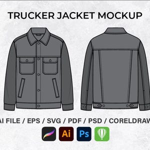 May include: A gray trucker jacket mockup, front and back views, with buttoned pockets and closures. The text "TRUCKER JACKET MOCKUP" is at the top. Below, it lists file formats: AI, EPS, SVG, PDF, PSD, and CorelDraw.