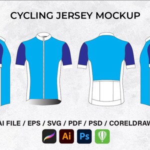 Puede incluir: Maqueta de maillot de ciclismo en azul claro, blanco y azul marino. El maillot tiene cremallera frontal, mangas cortas y cuello blanco. La imagen incluye vistas frontal, trasera y lateral. El texto dice "CYCLING JERSEY MOCKUP" y opciones de tipo de archivo.