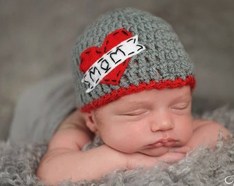 Love Mom Beanie,  Tattoo Beanie,  Baby Boy Beanie,  Valentine's Day Newborn Hat, Little Man Theme, Baby Shower Gift, Baby Boy Hat