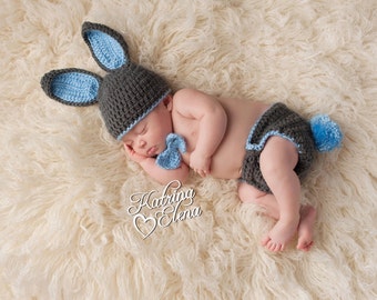 Newborn Bunny Hat and  Diaper Cover Photo Prop / Customize/ Little Boy Bunny Set/Baby Bunny Prop/ Easter Photo Prop/Grey and Blue/ Grey Pink