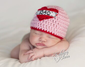 Love Dad Beanie in  Pink and Red/ Dad Beanie/ Love Beanie/ Valentines Newborn Hat