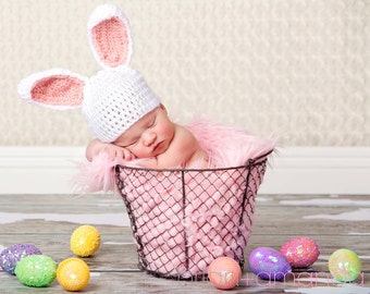 Baby Bunny Hat/ Crochet Bunny Hat/ Gender Neutral Prop/ Newborn Photo Prop/ Easter/ White and Pink Hat