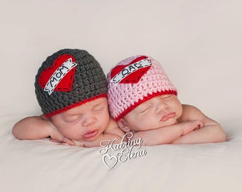 Twin Love Beanies/ Twin Tattoo Beanies/ Gender Neutral Hats/Crochet Beanies/ Baby Shower Gift/Valentines Day Prop/ Love Mom Beanie