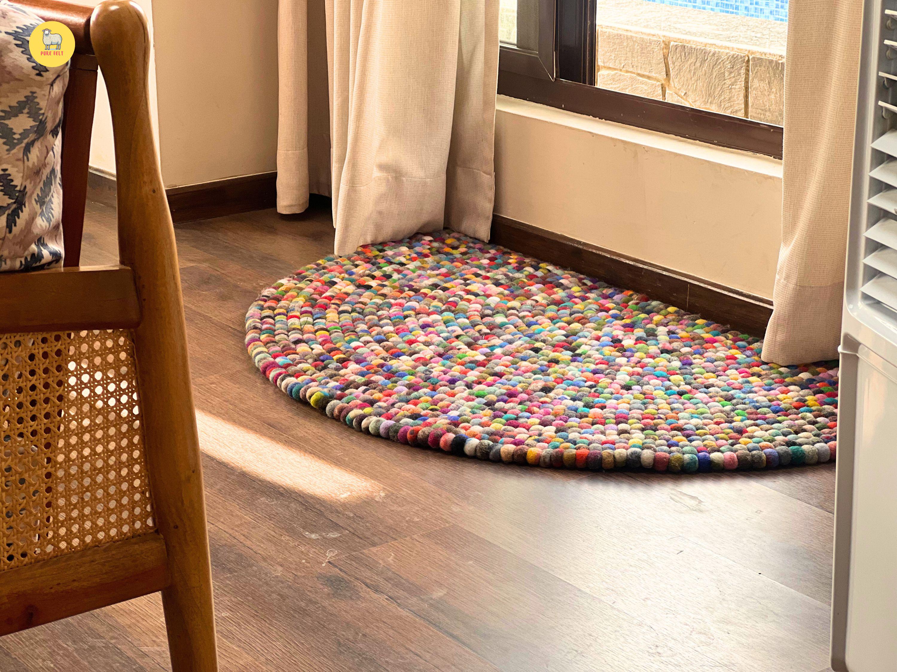 Multicolor Felt Ball Rug: Handmade Wool Semi-circle Mat - Etsy