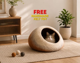 Handmade Felted Wool Cat Cave: Soft & Cozy Pet Bed, Made in Nepal