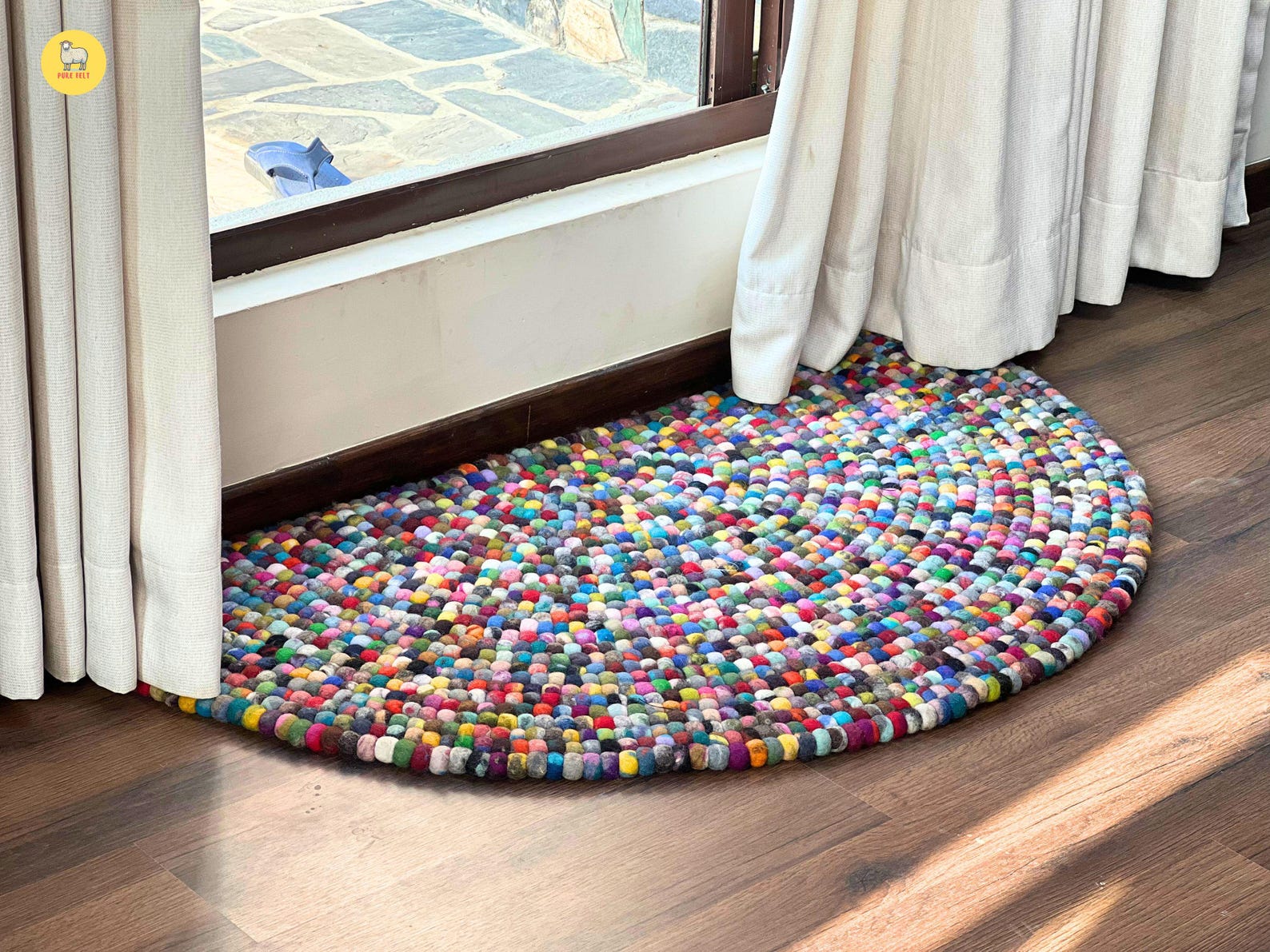 Multicolor Felt Ball Rug: Handmade Wool Semi-circle Mat - Etsy