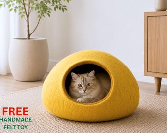 Handmade Wool Cat Cave: Golden Brown Felt Bed, Made in Nepal