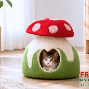 Handmade  Mushroom Cottage Design Cat Cave – Soft Wool Cozy Hideaway, Handmade in Nepal.