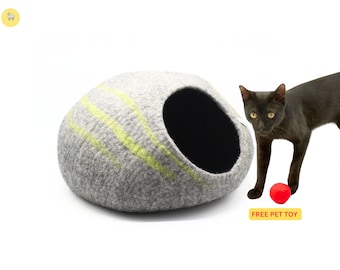 Handmade Wool Cat Cave: Soft Grey Felted Cocoon Bed