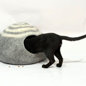Könnte beinhalten: Eine schwarze Katze schaut aus einem grauen und weißen Filzkatzenbett. Das Bett ist kuppelförmig und hat ein weißes Spiralmuster.