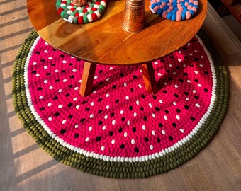Handmade Watermelon Felt Rug: 100% Wool Round Rug