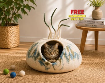 Handmade Wool Felt Cat Cave: Ocean Mist Design, Eco-Friendly Pet Bed