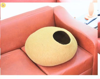 Handmade Wool Cat Cave Bed: Golden Cozy Felted Hideaway