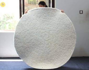Large White Wool Felt Ball Rug: Handmade Nursery Decor