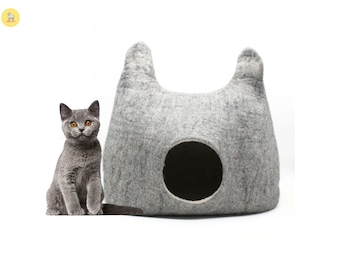 Felted Wool Cat Cave: Handmade Kitty House, Natural New Zealand Wool