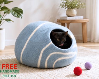 Wool Cat Cave | Blue Wave Felt Cat Bed, Handmade in Nepal