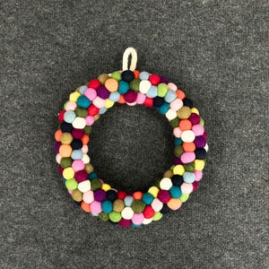 Felt Ball Christmas Wreath: Multicolor PomPom Door Hanger, Handmade in Nepal