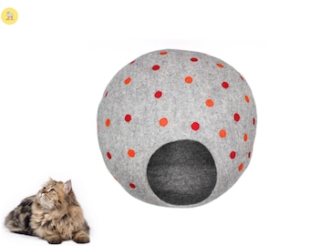 Polka Dot Wool Cat Cave: Handmade Felted Pet Bed