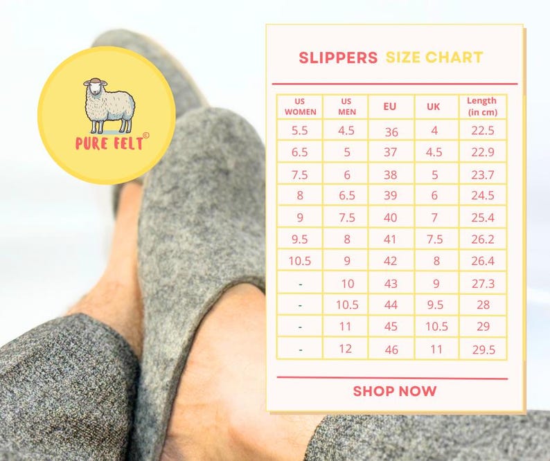 Puede incluir: Zapatillas de fieltro gris con un logotipo redondo que muestra una oveja y el texto PURE FELT. Una tabla de tallas muestra las medidas US, EU y UK junto con la longitud en cent&iacute;metros, de 22,5 cm a 29,5 cm. La tabla incluye el texto SHOP NOW.