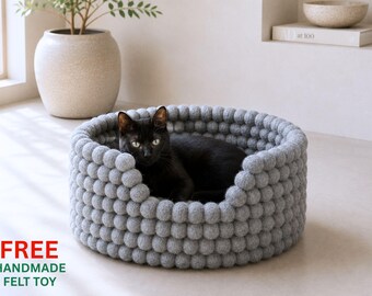 Grotte pour chat en feutre et laine fait main : cocon douillet pour animal de compagnie, fabriqué au Népal